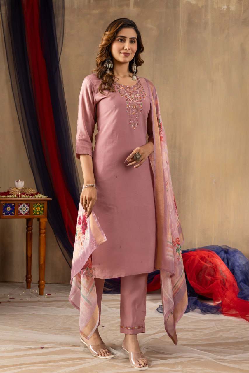 Women's Shimmer Gold Silk Straight Kurti Pant Dupatta Set with Multi Embroidery Hand Work