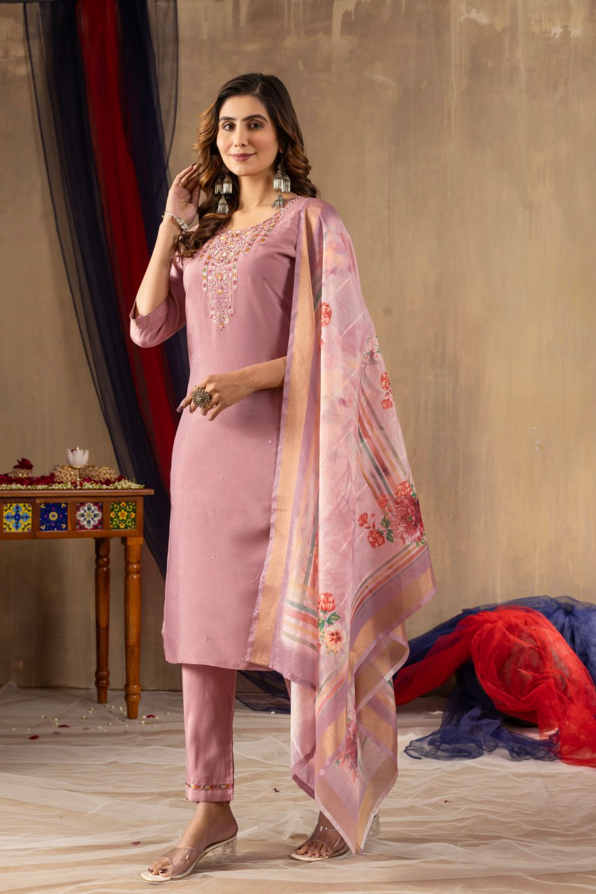 Women's Shimmer Gold Silk Straight Kurti Pant Dupatta Set with Multi Embroidery Hand Work