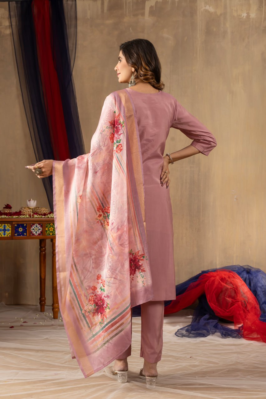 Women's Shimmer Gold Silk Straight Kurti Pant Dupatta Set with Multi Embroidery Hand Work
