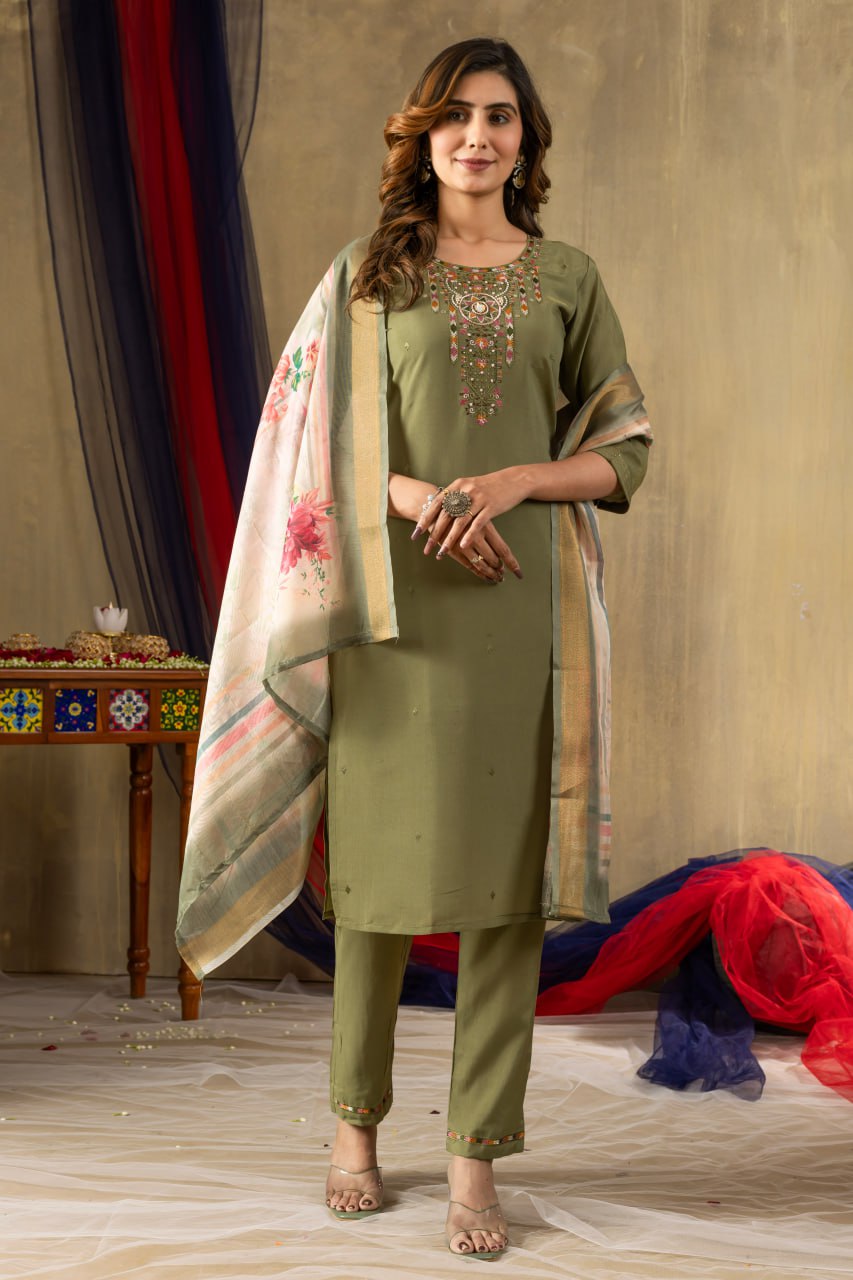 Women's Shimmer Gold Silk Straight Kurti Pant Dupatta Set with Multi Embroidery Hand Work