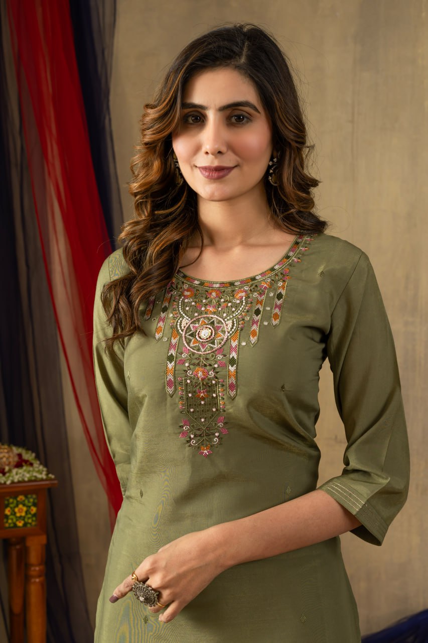 Women's Shimmer Gold Silk Straight Kurti Pant Dupatta Set with Multi Embroidery Hand Work