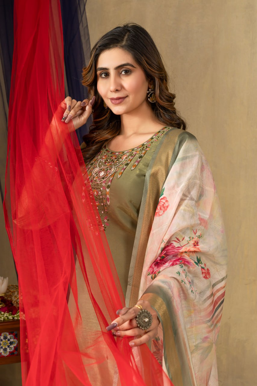 Women's Shimmer Gold Silk Straight Kurti Pant Dupatta Set with Multi Embroidery Hand Work