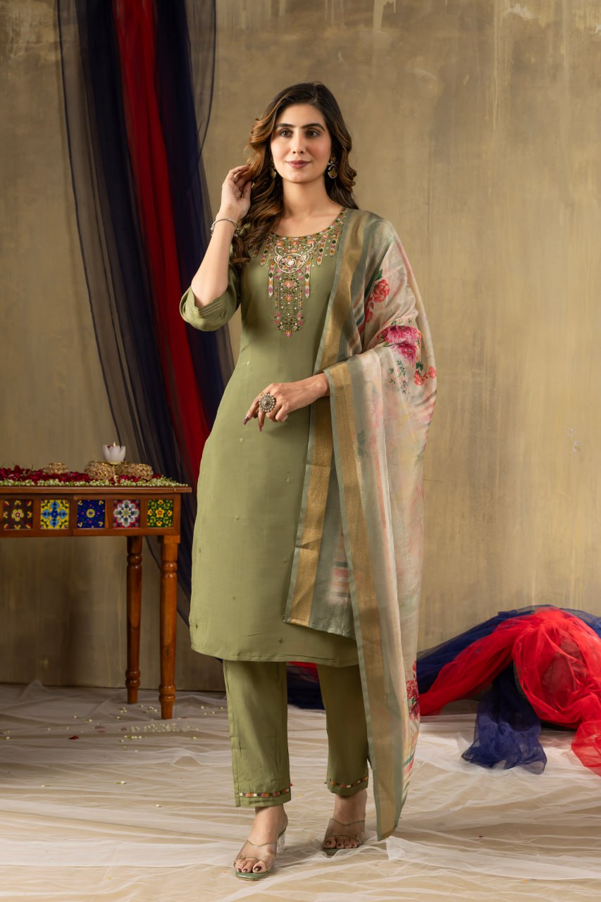 Women's Shimmer Gold Silk Straight Kurti Pant Dupatta Set with Multi Embroidery Hand Work