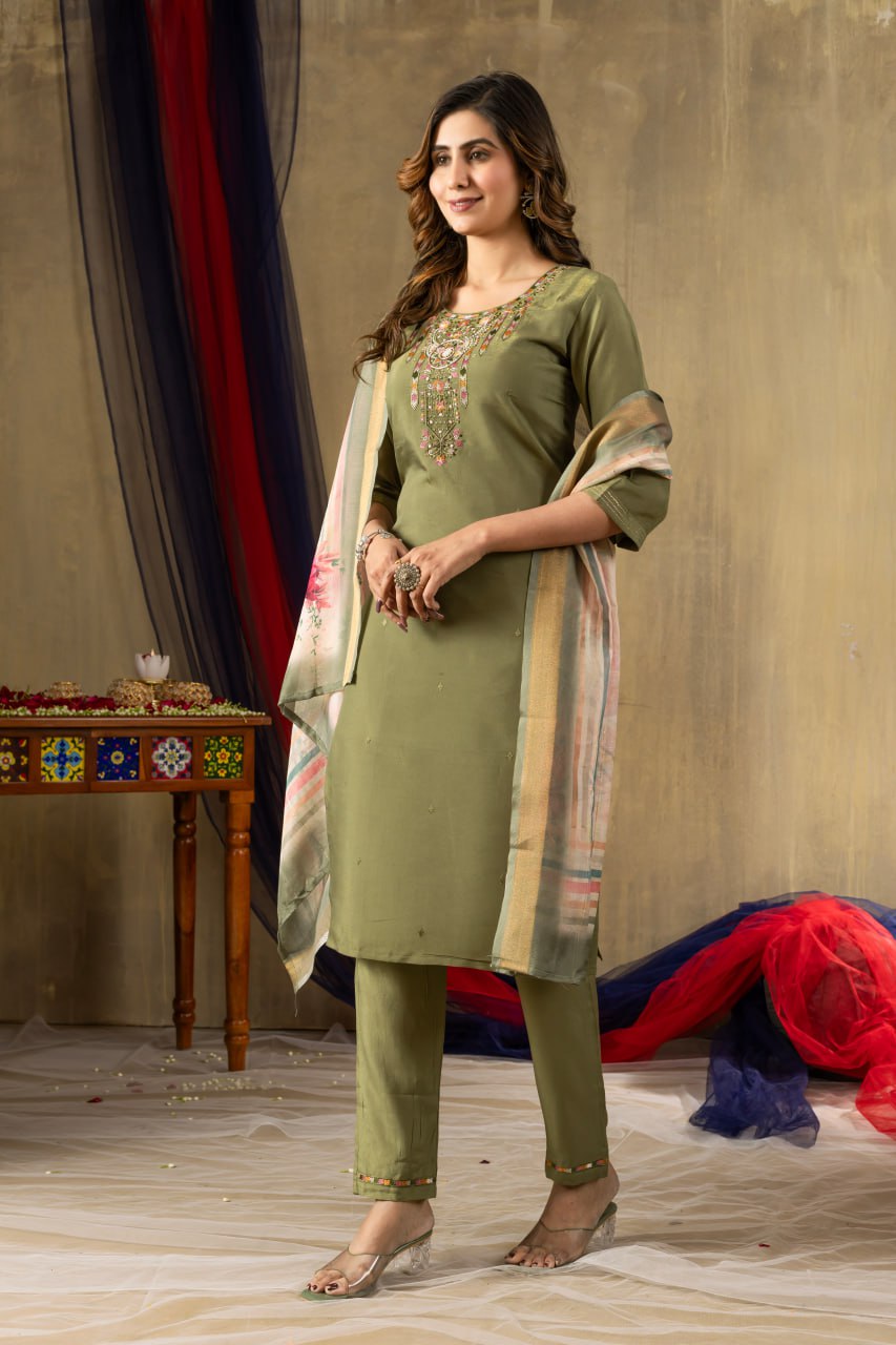 Women's Shimmer Gold Silk Straight Kurti Pant Dupatta Set with Multi Embroidery Hand Work