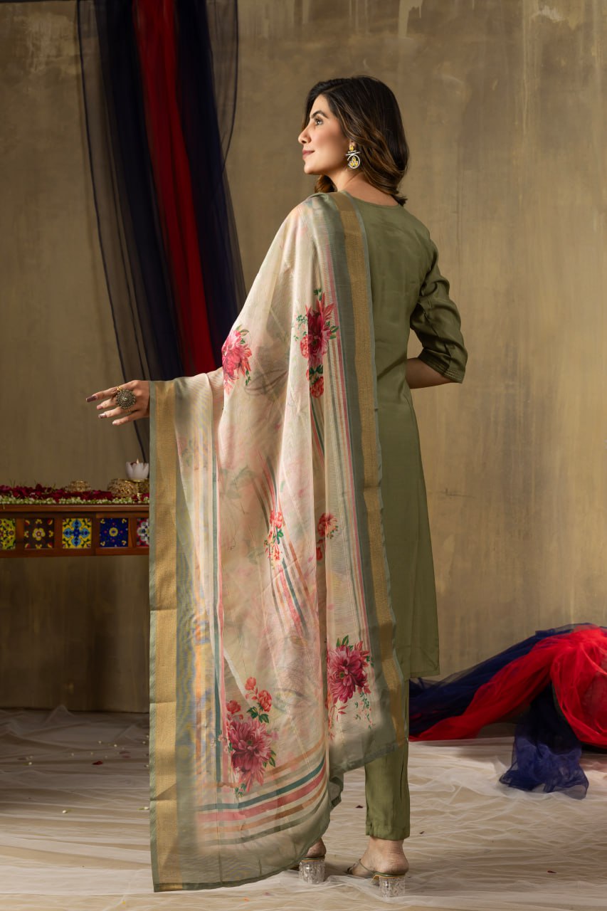 Women's Shimmer Gold Silk Straight Kurti Pant Dupatta Set with Multi Embroidery Hand Work