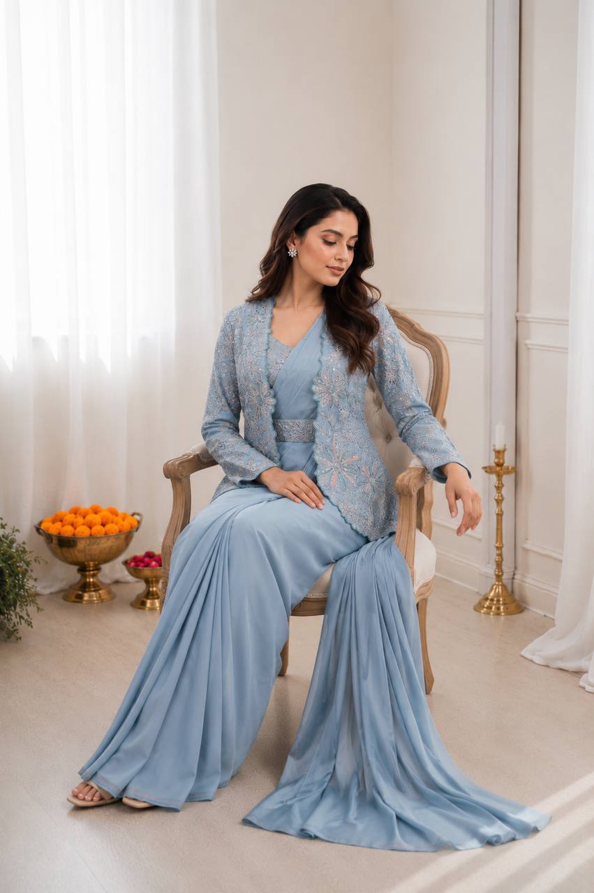 Women's Heavy Crepe Silk Ready-to-Wear Saree with Embroidered Koti, Blouse & Belt