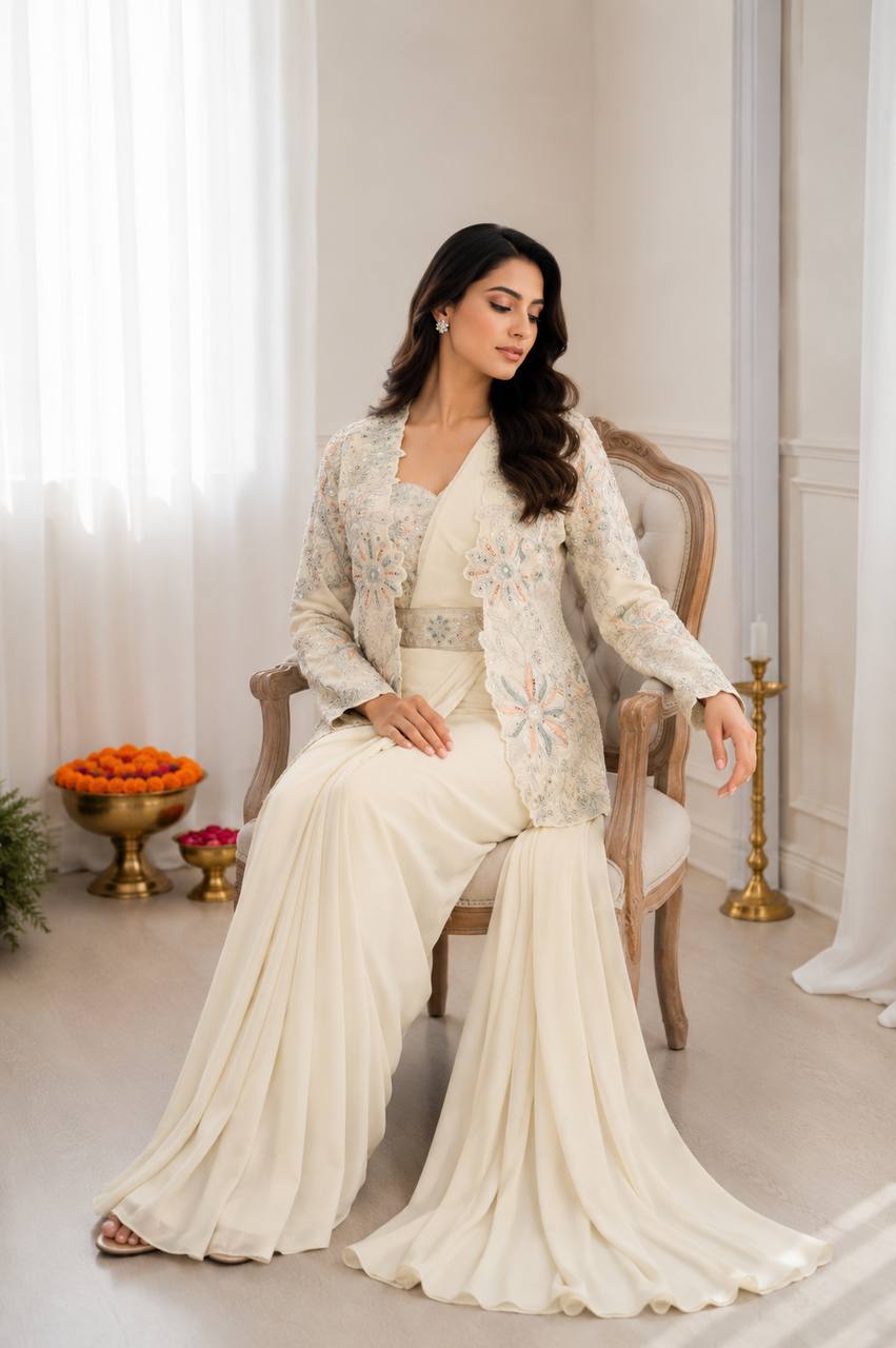Women's Heavy Crepe Silk Ready-to-Wear Saree with Embroidered Koti, Blouse & Belt
