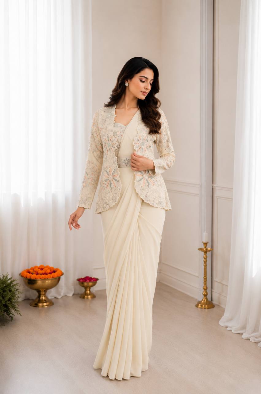 Women's Heavy Crepe Silk Ready-to-Wear Saree with Embroidered Koti, Blouse & Belt