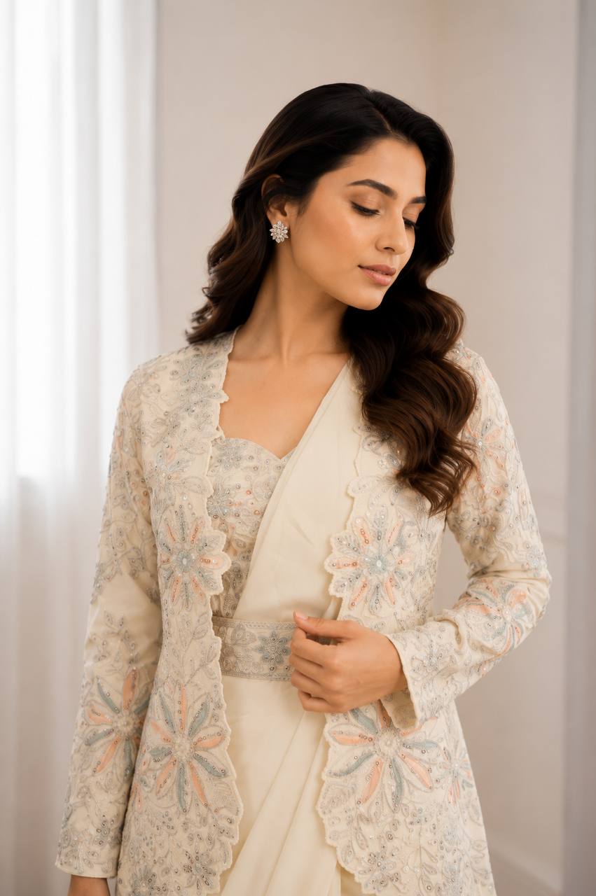 Women's Heavy Crepe Silk Ready-to-Wear Saree with Embroidered Koti, Blouse & Belt