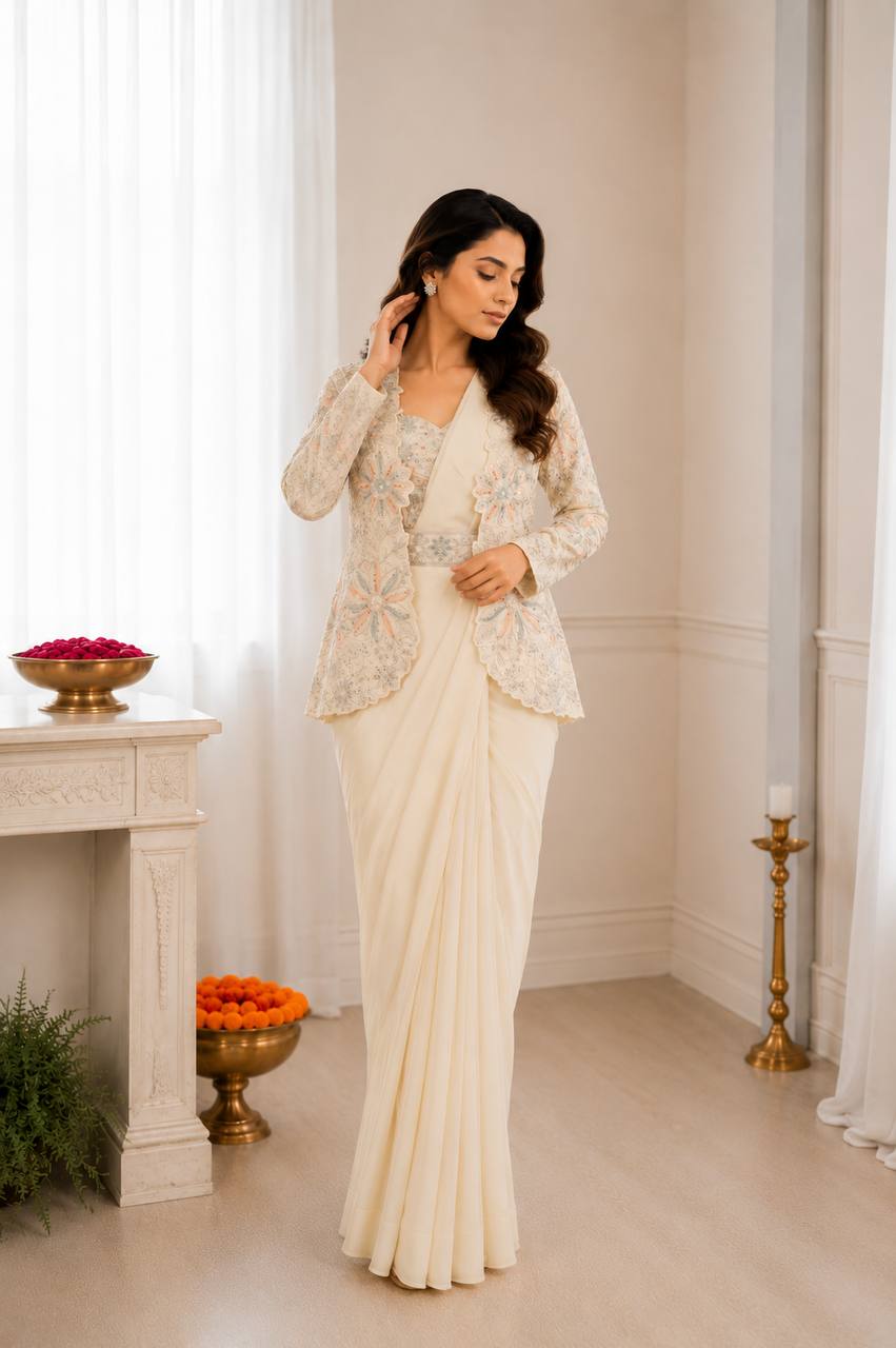Women's Heavy Crepe Silk Ready-to-Wear Saree with Embroidered Koti, Blouse & Belt
