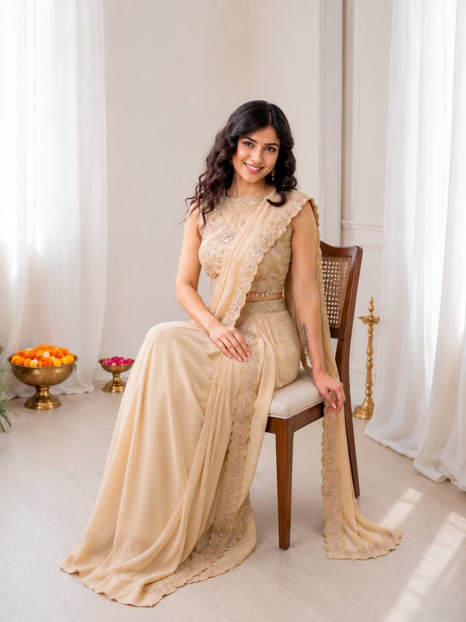 Women's Embroidered Star Georgette Lehenga with Attached Pallu and Stitched Blouse