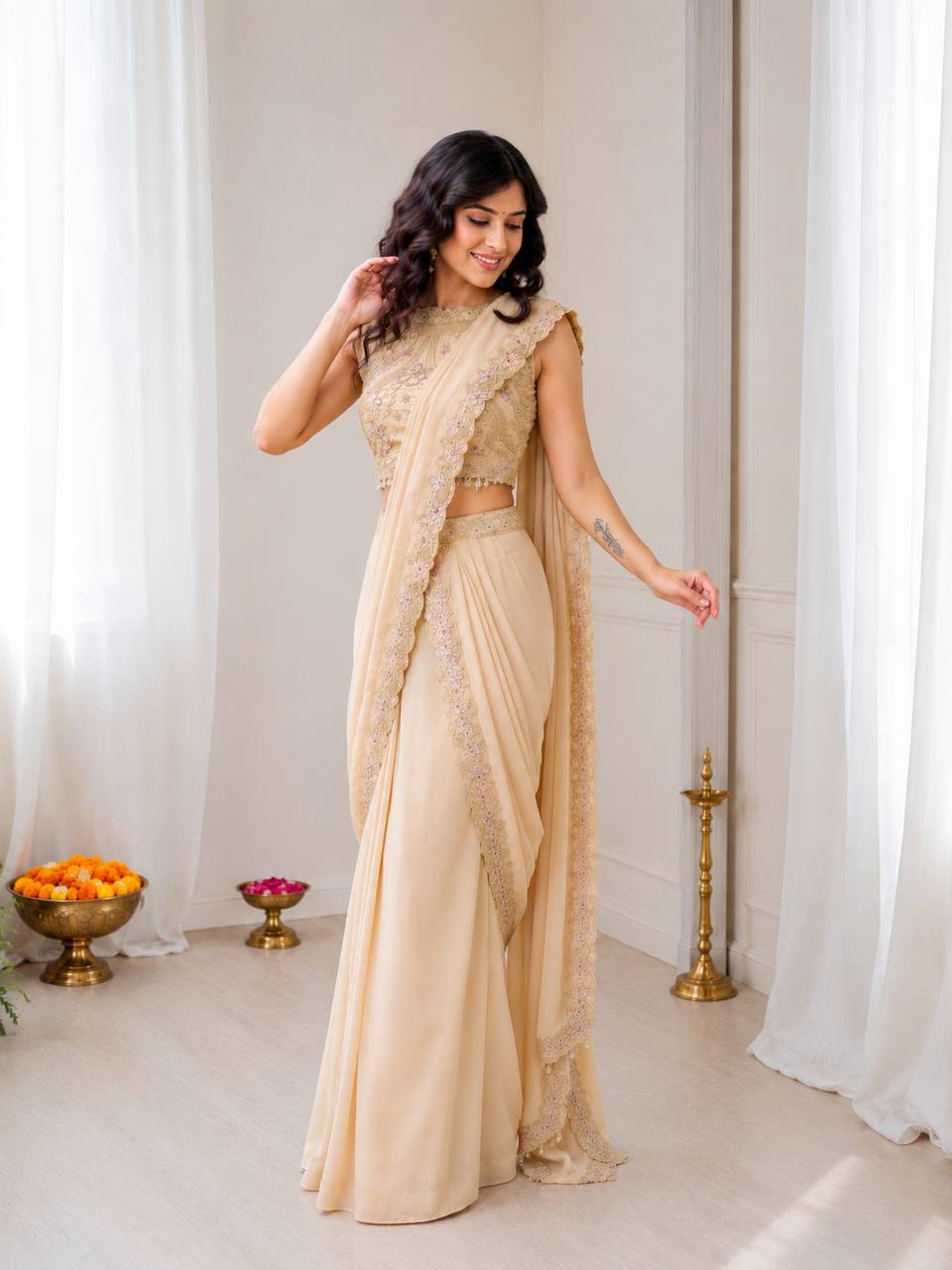 Women's Embroidered Star Georgette Lehenga with Attached Pallu and Stitched Blouse