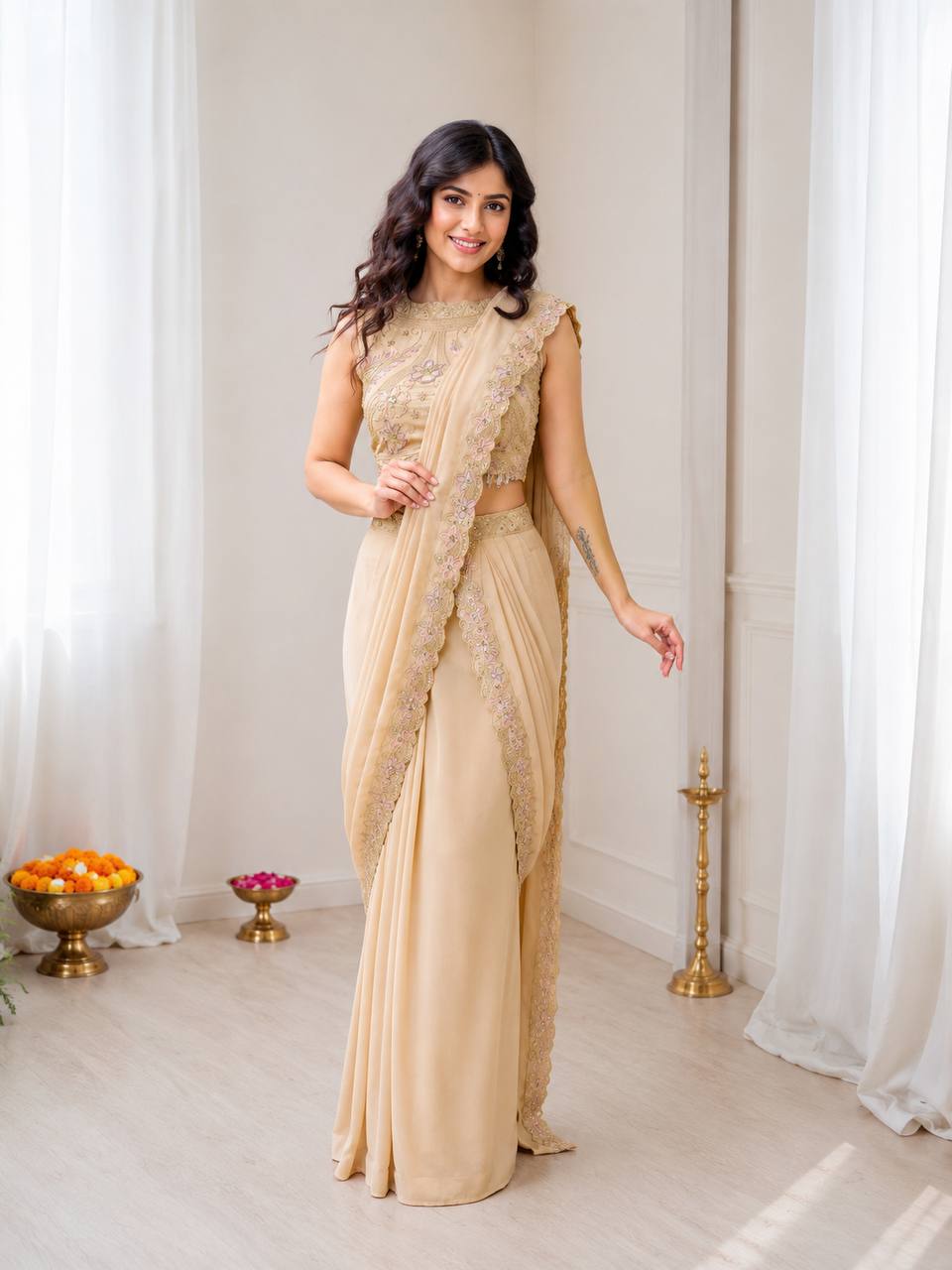 Women's Embroidered Star Georgette Lehenga with Attached Pallu and Stitched Blouse