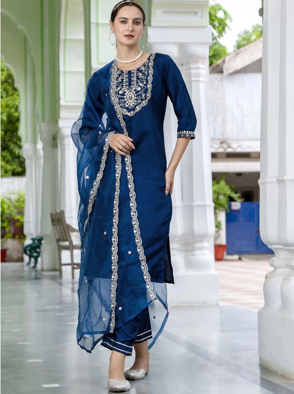 Premium Roman Silk Embroidered Kurta Pant Set with Organza Dupatta