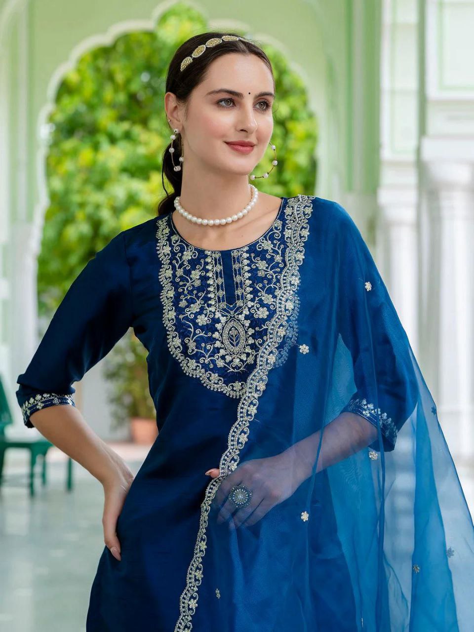 Premium Roman Silk Embroidered Kurta Pant Set with Organza Dupatta