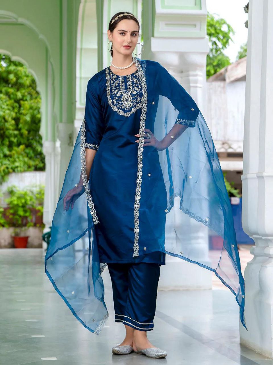 Premium Roman Silk Embroidered Kurta Pant Set with Organza Dupatta
