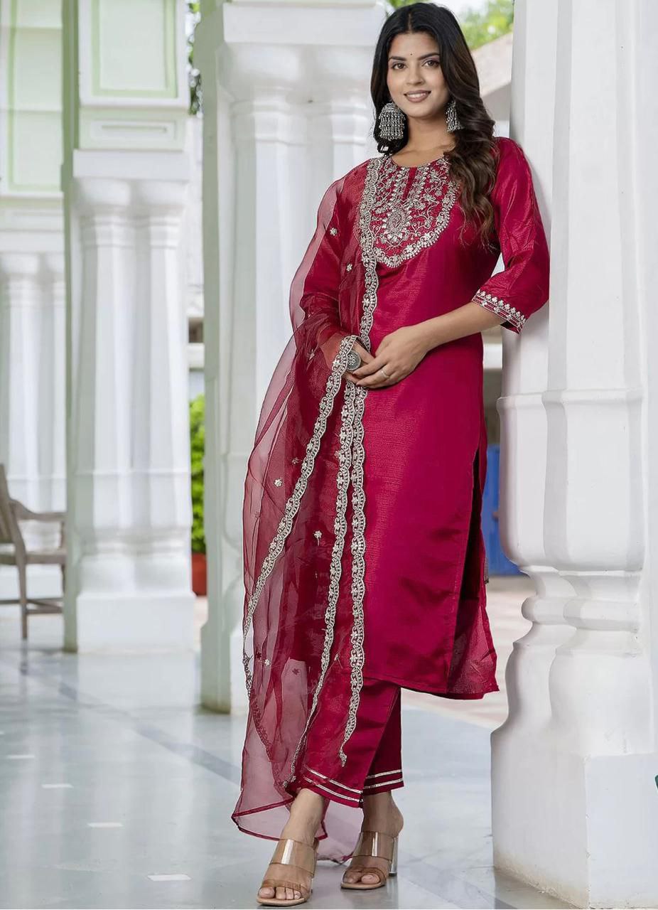 Premium Roman Silk Embroidered Kurta Pant Set with Organza Dupatta