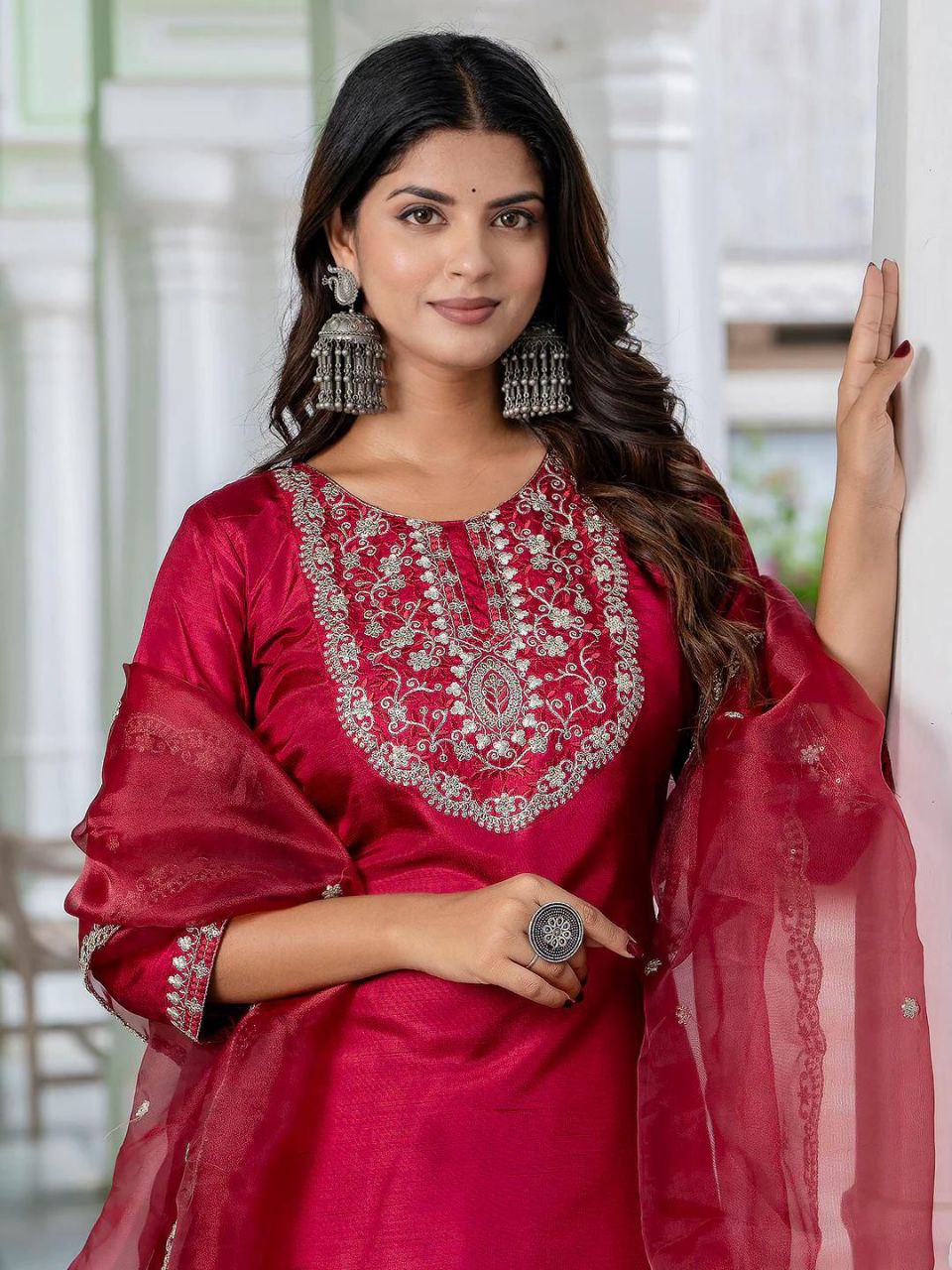 Premium Roman Silk Embroidered Kurta Pant Set with Organza Dupatta