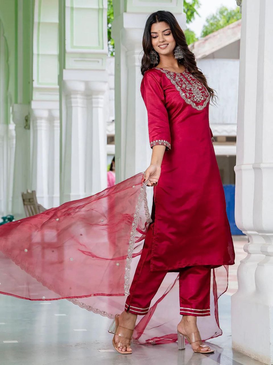 Premium Roman Silk Embroidered Kurta Pant Set with Organza Dupatta
