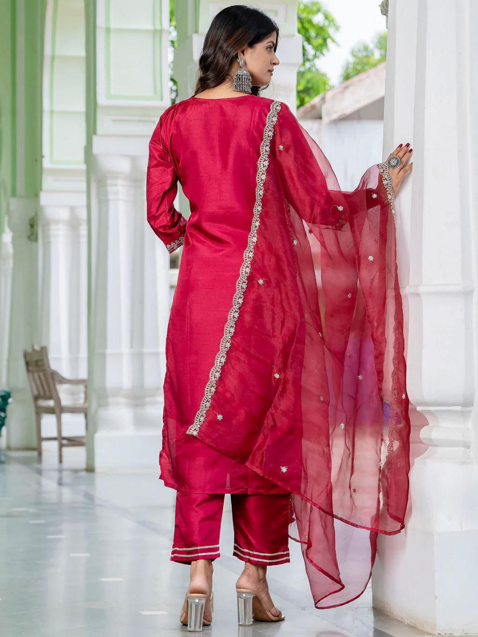 Premium Roman Silk Embroidered Kurta Pant Set with Organza Dupatta