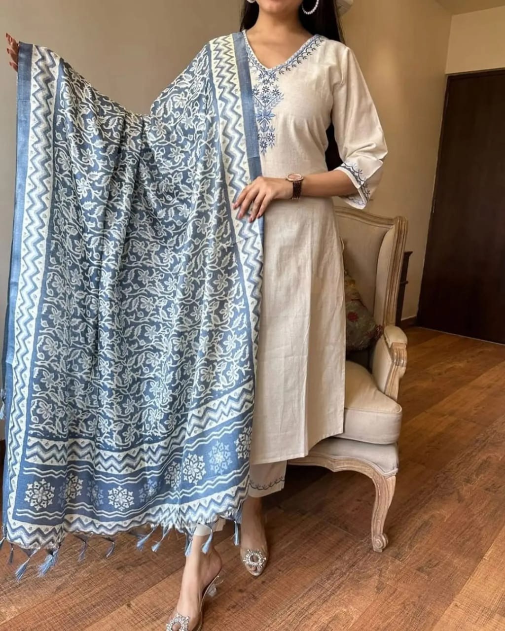 Cream Khadi Cotton Straight Kurta Set with Dupatta