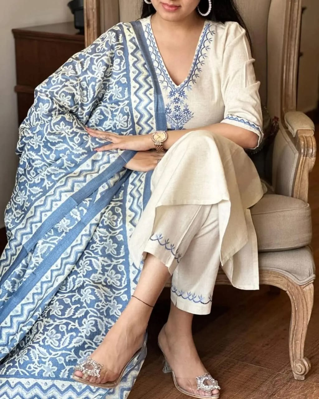 Cream Khadi Cotton Straight Kurta Set with Dupatta