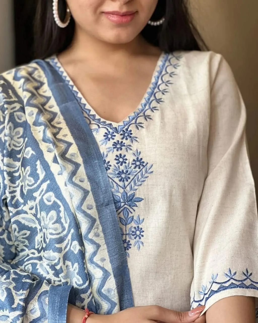 Cream Khadi Cotton Straight Kurta Set with Dupatta