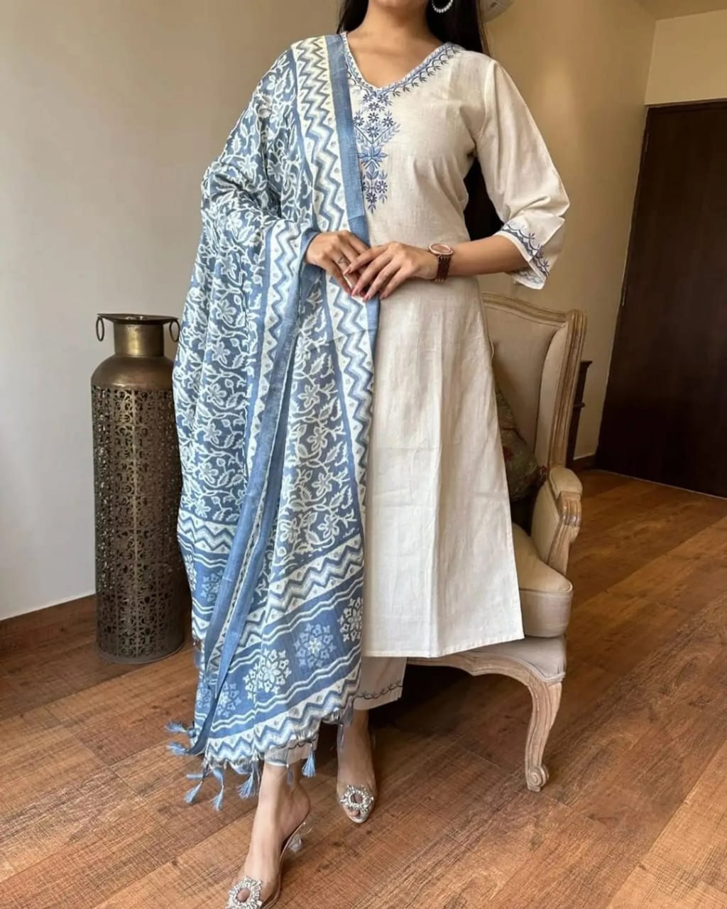 Cream Khadi Cotton Straight Kurta Set with Dupatta