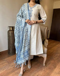Cream Khadi Cotton Straight Kurta Set with Dupatta