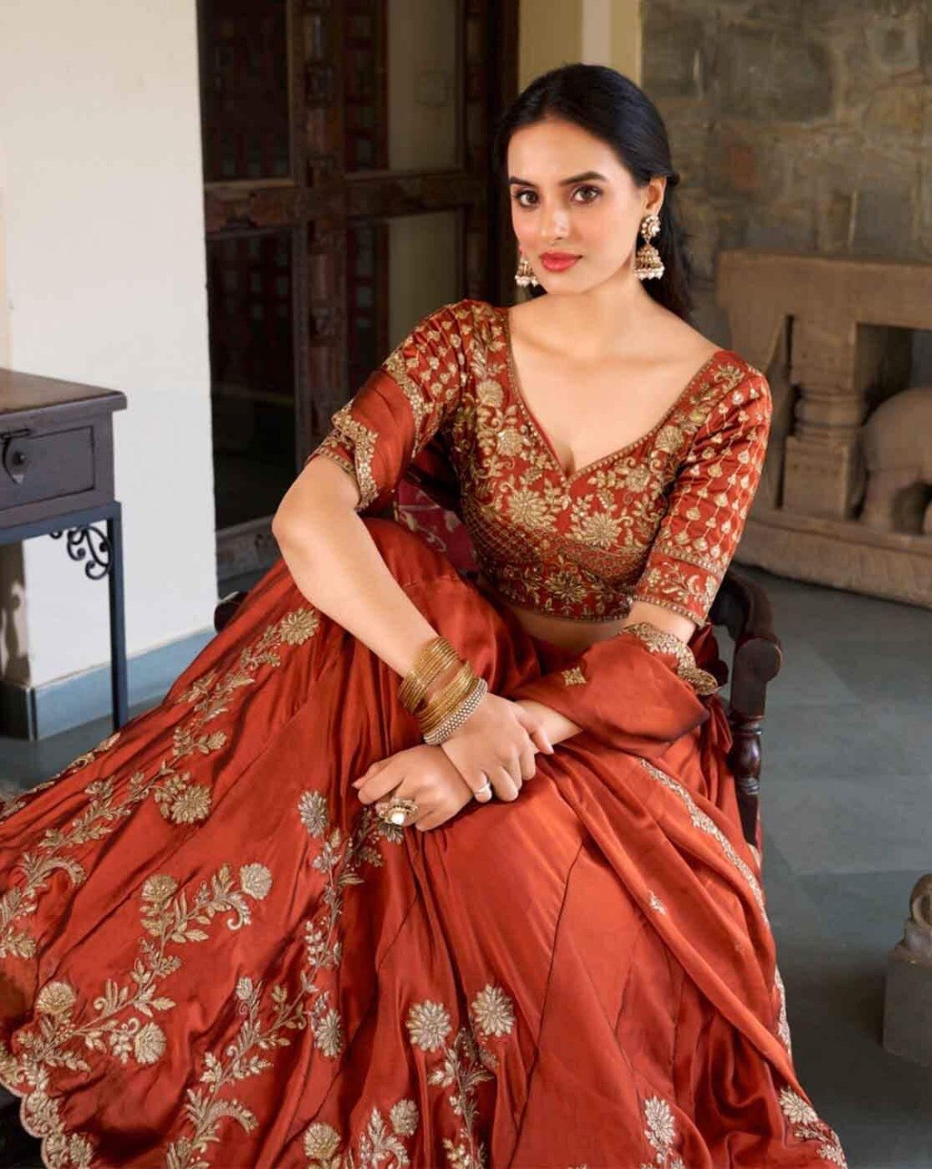 Women's Vichitra Silk Embroidered Sequence Lehenga Choli Set with Dupatta Semi Stitched Designer Ethnic Wear