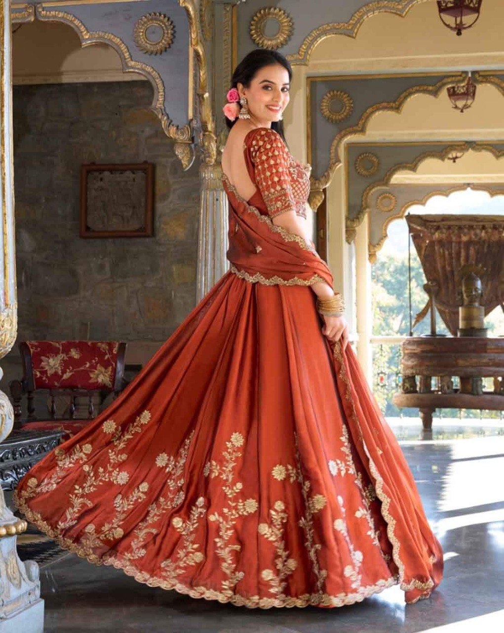Women's Vichitra Silk Embroidered Sequence Lehenga Choli Set with Dupatta Semi Stitched Designer Ethnic Wear
