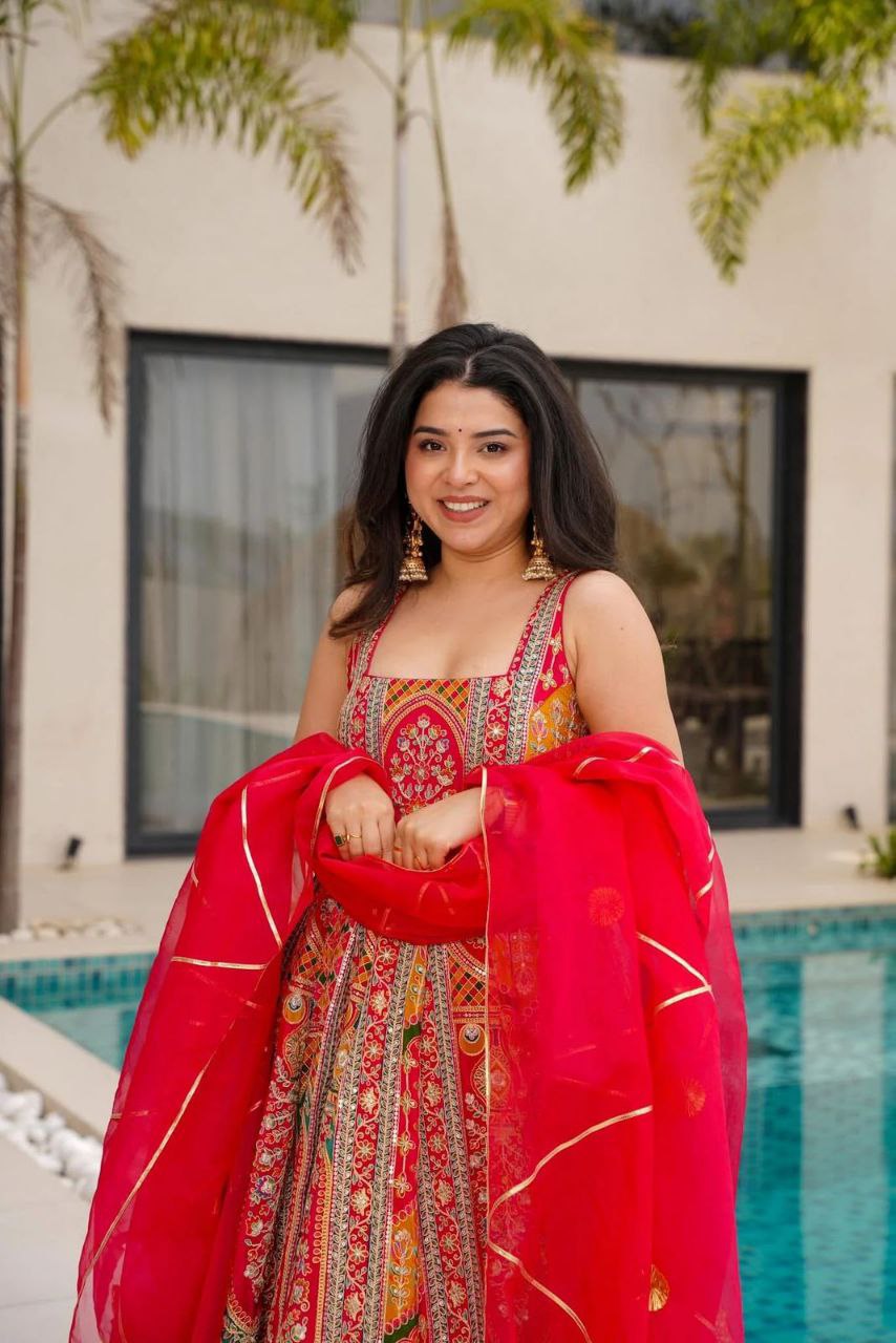 Digital Printed Jimmy Organza Silk Anarkali Gown with Organza Dupatta