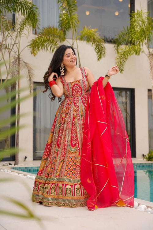 Digital Printed Jimmy Organza Silk Anarkali Gown with Organza Dupatta