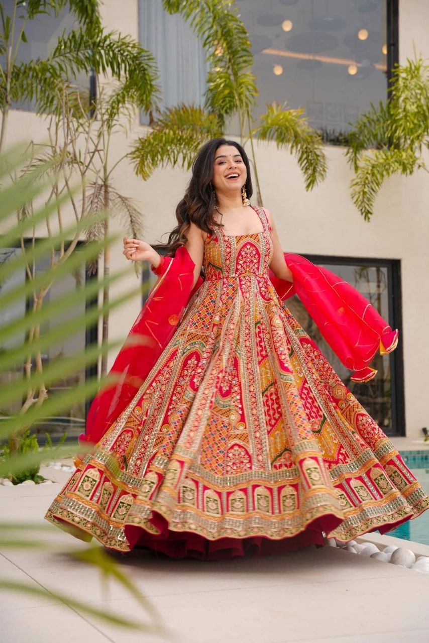 Digital Printed Jimmy Organza Silk Anarkali Gown with Organza Dupatta