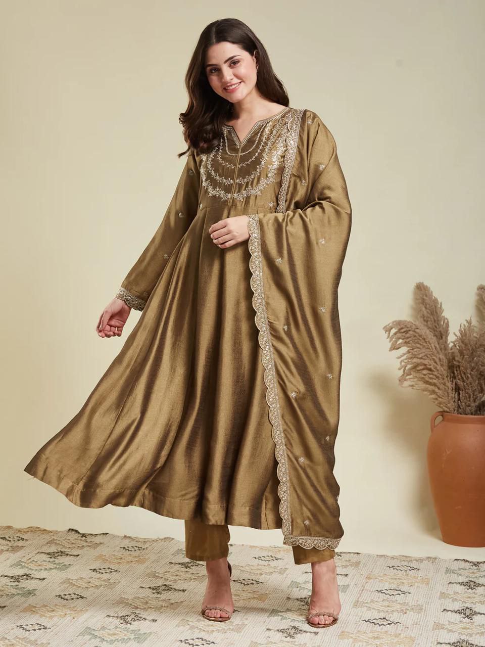 Trendy Vichitra Silk Embroidered Anarkali Kurti Pant Set with Dupatta