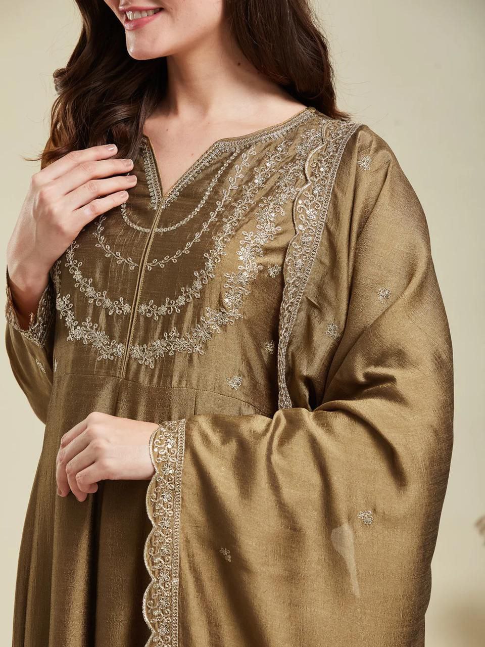 Trendy Vichitra Silk Embroidered Anarkali Kurti Pant Set with Dupatta