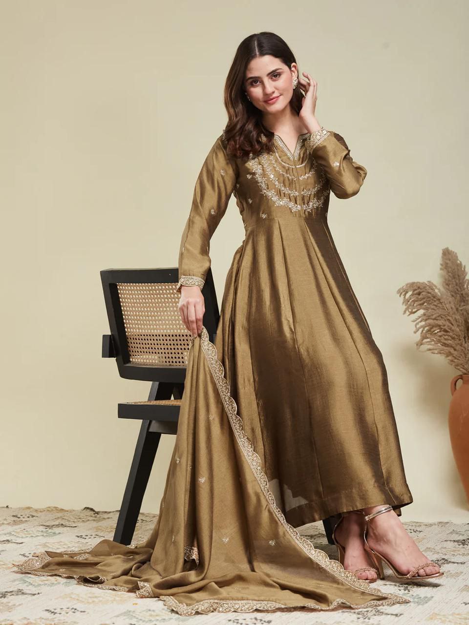 Trendy Vichitra Silk Embroidered Anarkali Kurti Pant Set with Dupatta