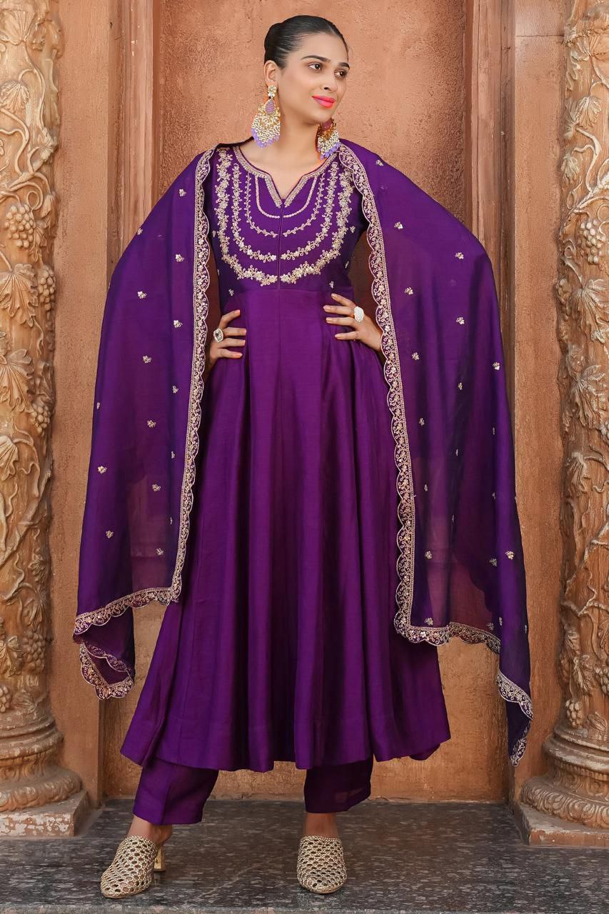 Trendy Vichitra Silk Embroidered Anarkali Kurti Pant Set with Dupatta