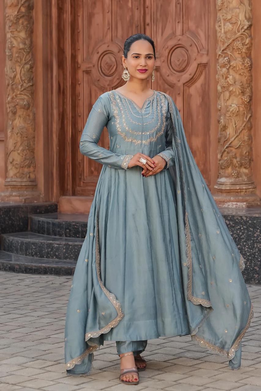 Trendy Vichitra Silk Embroidered Anarkali Kurti Pant Set with Dupatta