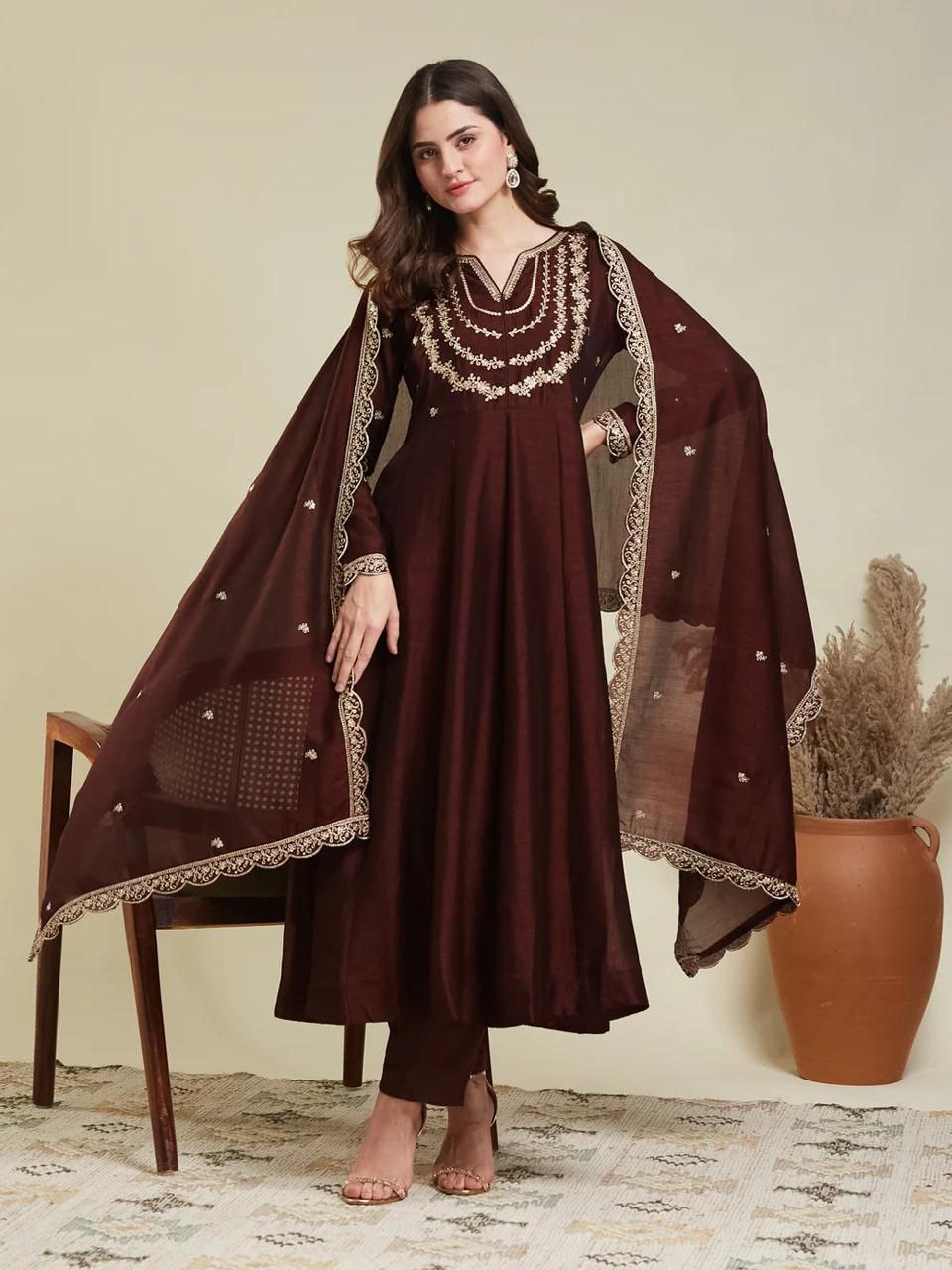 Trendy Vichitra Silk Embroidered Anarkali Kurti Pant Set with Dupatta