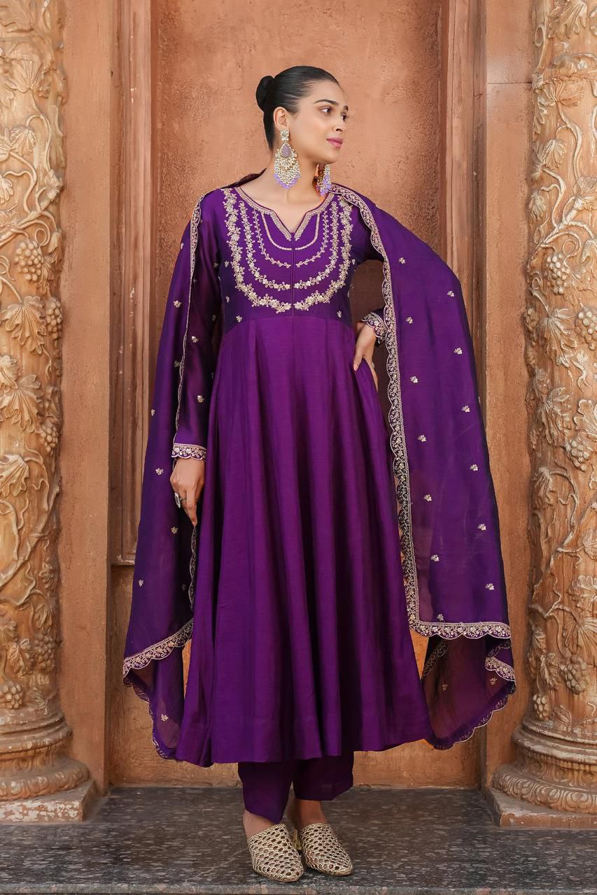 Trendy Vichitra Silk Embroidered Anarkali Kurti Pant Set with Dupatta