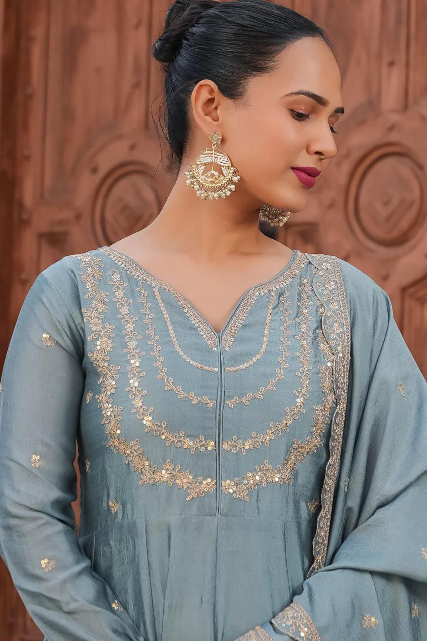 Trendy Vichitra Silk Embroidered Anarkali Kurti Pant Set with Dupatta