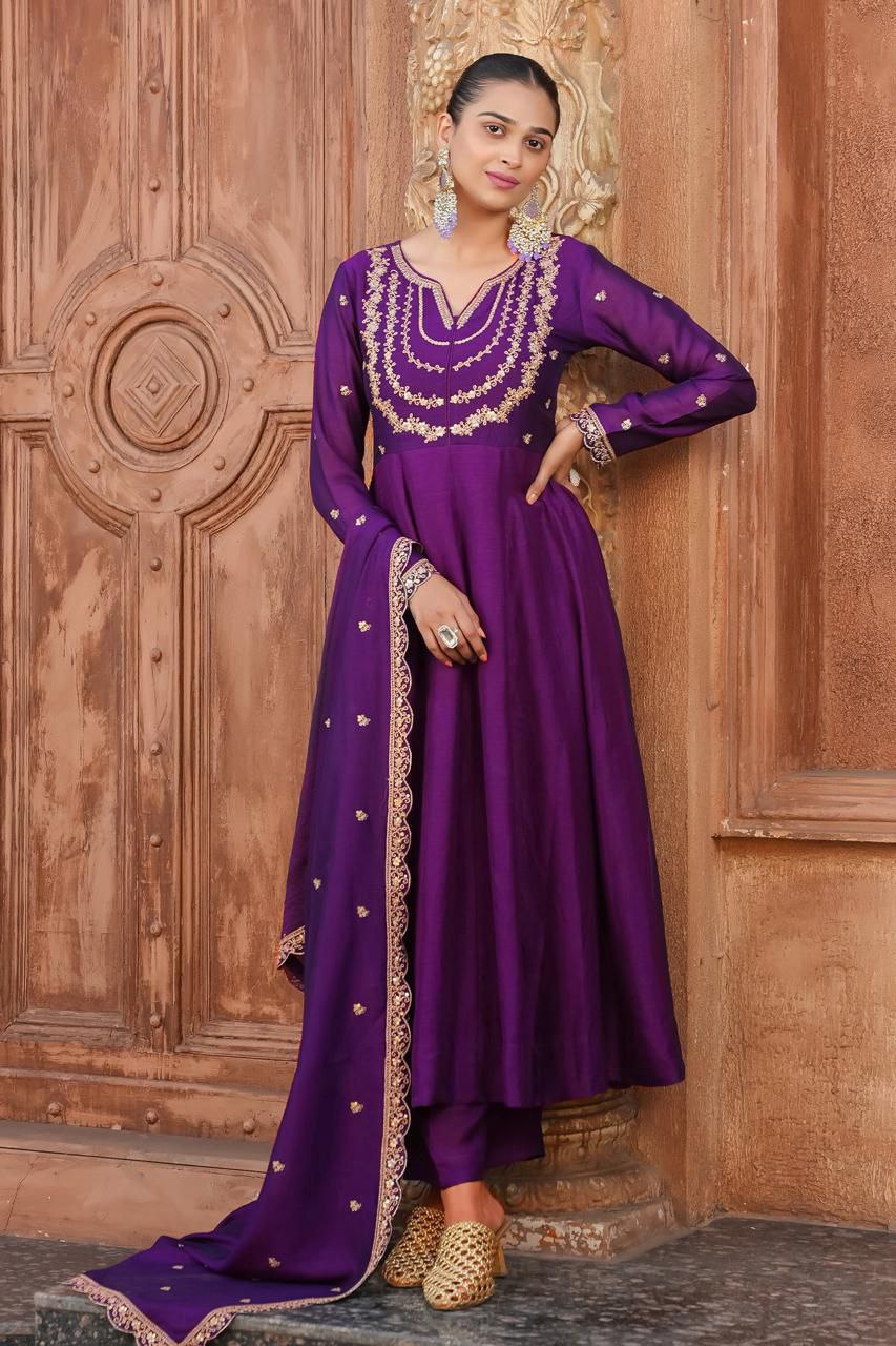 Trendy Vichitra Silk Embroidered Anarkali Kurti Pant Set with Dupatta