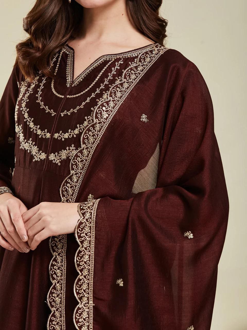 Trendy Vichitra Silk Embroidered Anarkali Kurti Pant Set with Dupatta