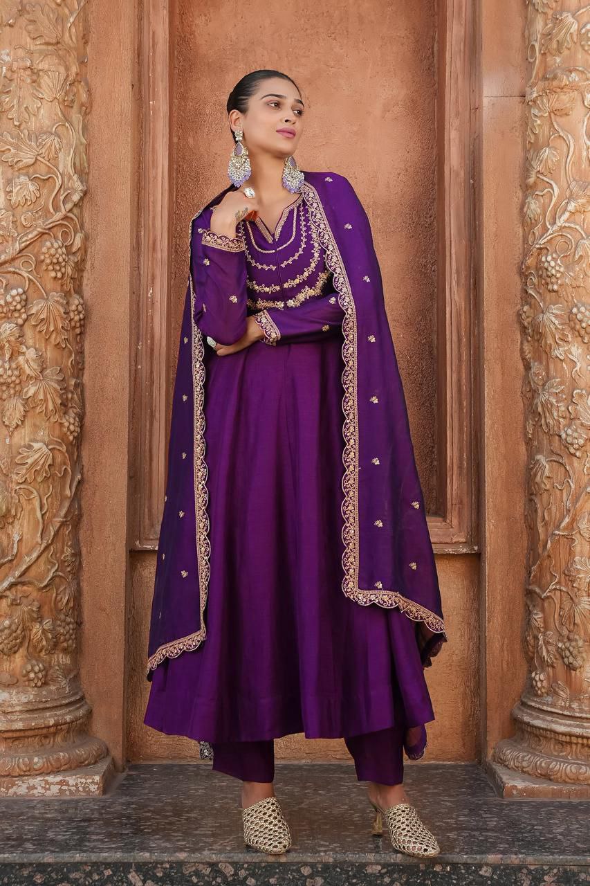 Trendy Vichitra Silk Embroidered Anarkali Kurti Pant Set with Dupatta