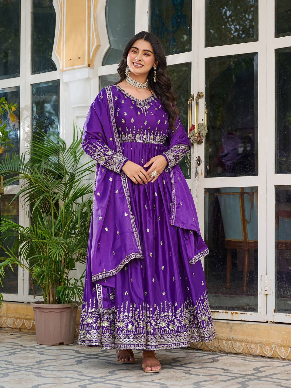 Women's American Silk Embroidered Gown Set with Pant and Dupatta