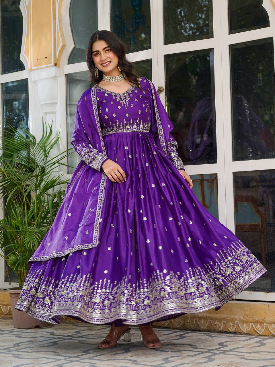Women's American Silk Embroidered Gown Set with Pant and Dupatta
