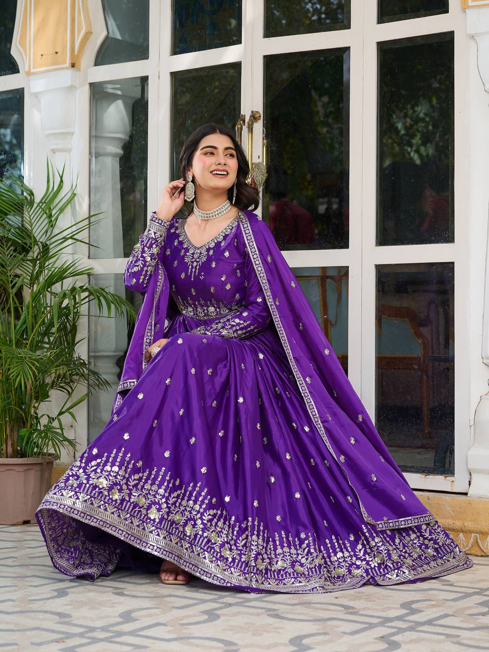 Women's American Silk Embroidered Gown Set with Pant and Dupatta