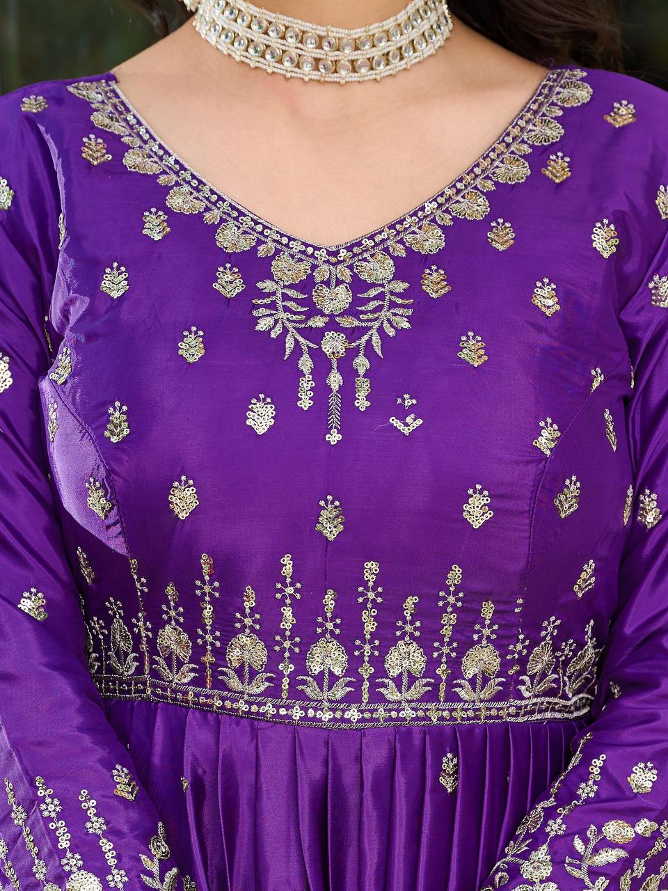 Women's American Silk Embroidered Gown Set with Pant and Dupatta