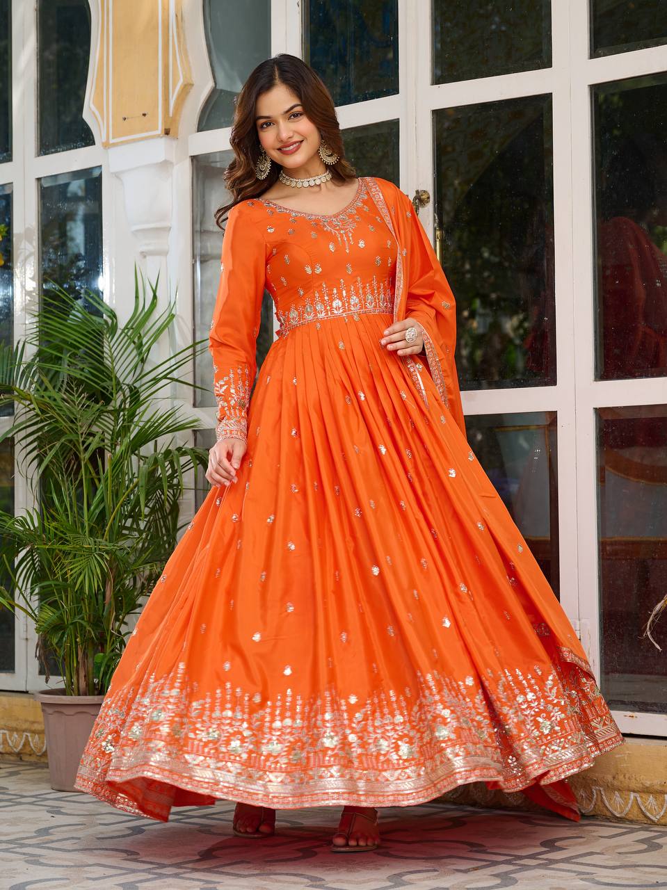 Women's American Silk Embroidered Gown Set with Pant and Dupatta